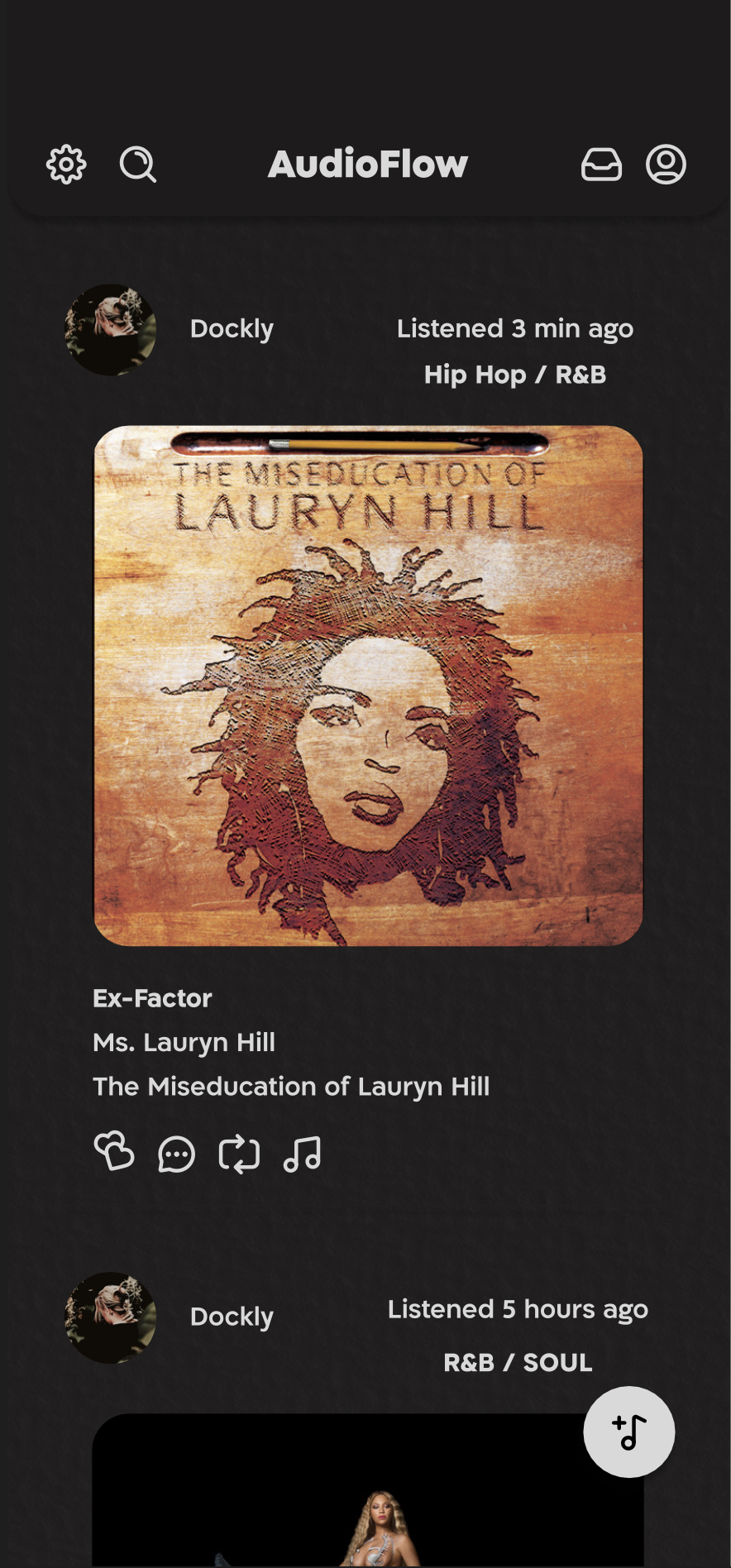 AudioFlow music social app UI